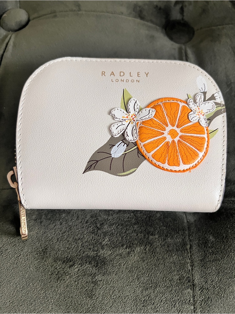 RADLEY LONDON Cream Leather Zip Cosmetic Pouch with Orange Applique